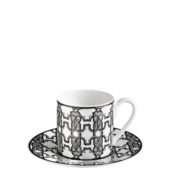 Roberto Cavalli Monogram Black Espresso Cup and Saucer Espresso cup and saucer boxed gift set of 2 RCHPMOB12S2 Black on White