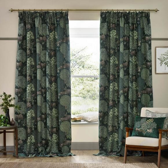 The Original Morris & Co Brook Woodland Jacquard Forest Green Curtains pair of lined curtains, each curtain 90" (229cm) wide x 54" (137cm) drop Forest Green