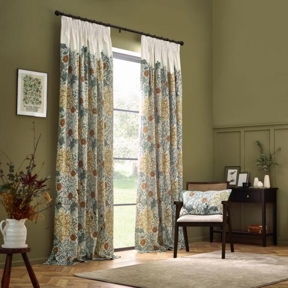 The Original Morris & Co Seaweed Curtains Stone / Sunflower pair of lined curtains, each curtain 90" (229cm) wide x 90" (229cm) drop Stone / Sunflower