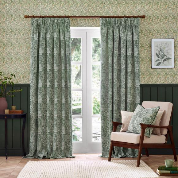 The Original Morris & Co Marigold Floral Jacquard Curtains Leaf Green pair of lined curtains, each curtain 46" (117cm) wide x 72" (183cm) drop Leaf Green