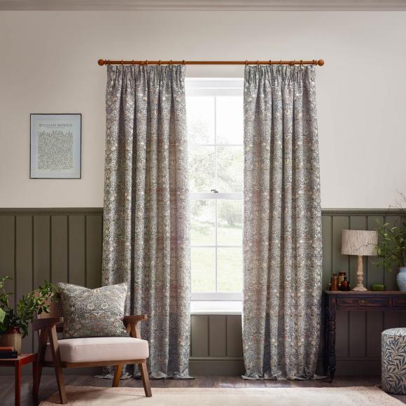 The Original Morris & Co Strawberry Thief Jacquard Floral Curtains Biscuit pair of lined curtains, each curtain 66" (168cm) wide x 72" (183cm) drop Biscuit