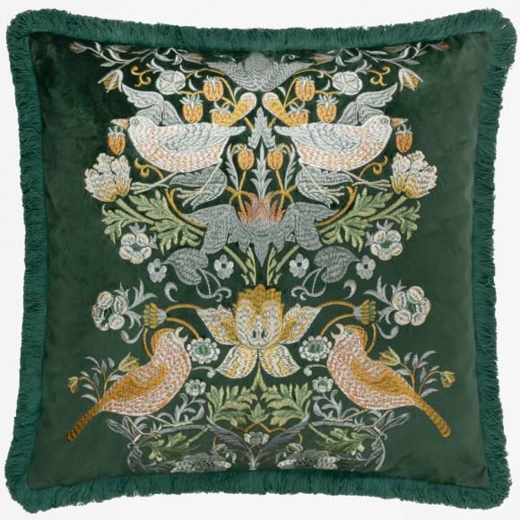 The Original Morris & Co Strawberry Thief Embroidered Velvet Cushion Forest Green filled cushion (feather rich) 55cm x 55cm Forest Green