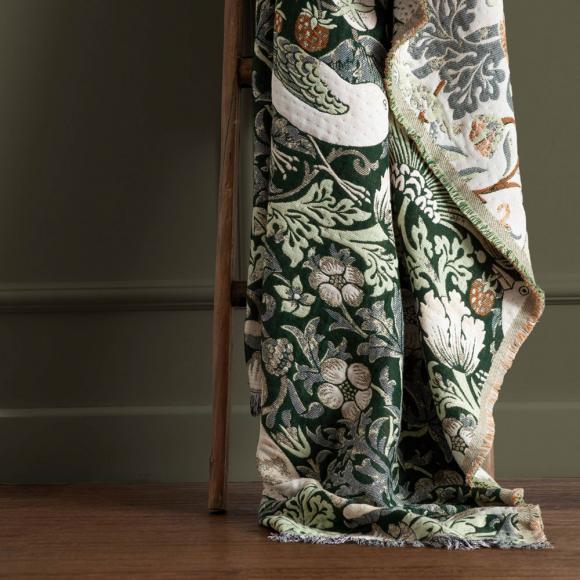 The Original Morris & Co Strawberry Thief Jacquard Throw Forest Green throw 130cm x 170cm Forest Green