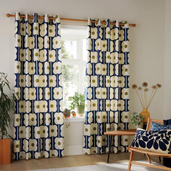 Orla Kiely Abacus Flower Lined Eyelet Curtains pair of curtains, each 117cm wide x 137cm drop (46" x 54") Navy
