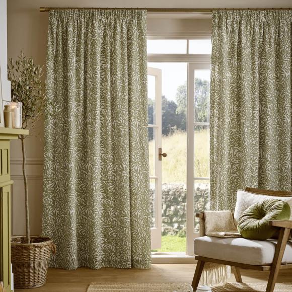 William Morris At Home Original Willow Olive-Green Lined Pencil Pleated Curtains pair of curtains, each curtain 168cm wide (66") x 183cm drop (72") Olive-Green