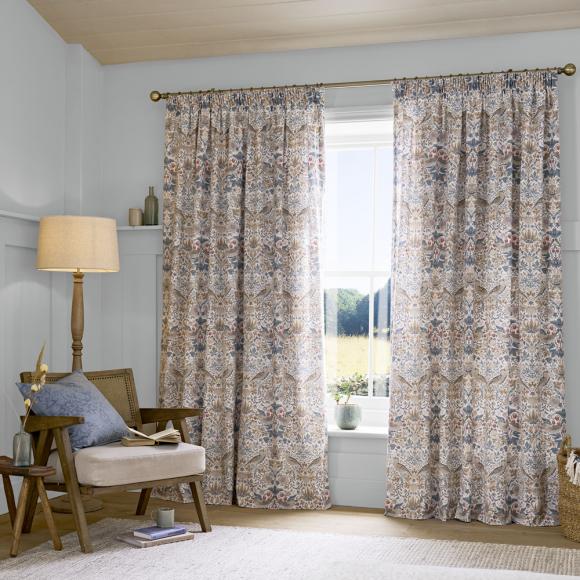 William Morris At Home Strawberry Thief Hessian Lined Pencil Pleated Curtains pair of curtains, each curtain 168cm wide (66") x 183cm drop (72") Hessian