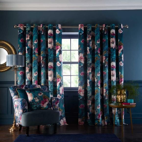 Studio G Bouquet Kingfisher 90" x 90" pair of curtains kingfisher