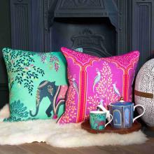 Sara Miller Embroidered Oasis Elephants Cushion Jade