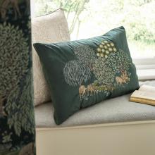 The Original Morris & Co Brook embroidered Velvet Cushion Forest Green 