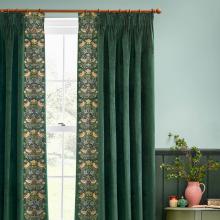 The Original Morris & Co Strawberry Thief Embroidered Floral Velvet Curtains Forest Green