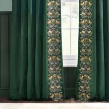 The Original Morris & Co Strawberry Thief Embroidered Floral Velvet Curtains Forest Green