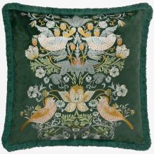 The Original Morris & Co Strawberry Thief Embroidered Velvet Cushion Forest Green