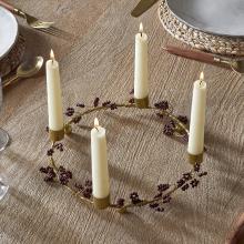 Nkuku Tanu Mango Wood Beaded Candle Holder - Brass & Ruby