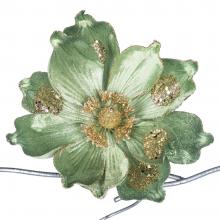 Goodwill Fabric Glitter Magnolia Flower on Clip Green / Champagne