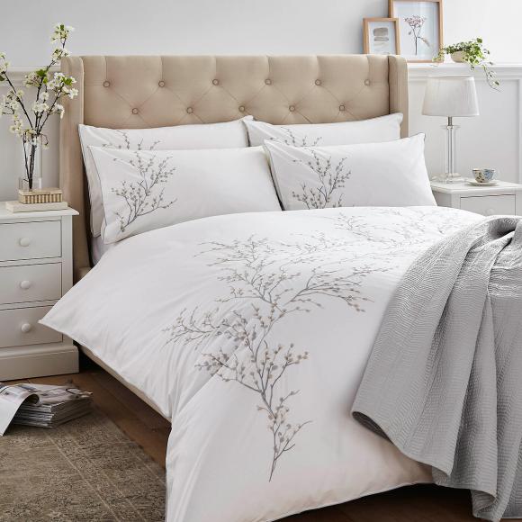 Laura Ashley Pussy Willow Embroidered Sprig Dove Grey Duvet Cover Set