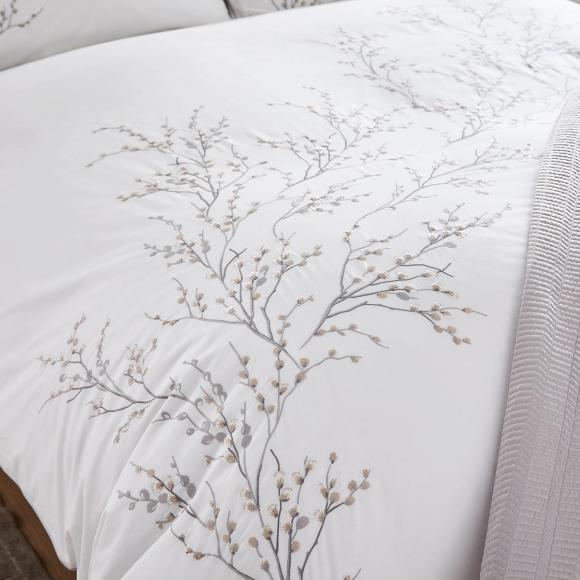 Laura Ashley Pussy Willow Embroidered Sprig Dove Grey Duvet Cover Set
