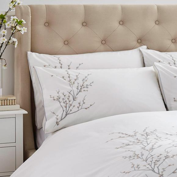 Laura Ashley Pussy Willow Embroidered Sprig Dove Grey Duvet Cover Set