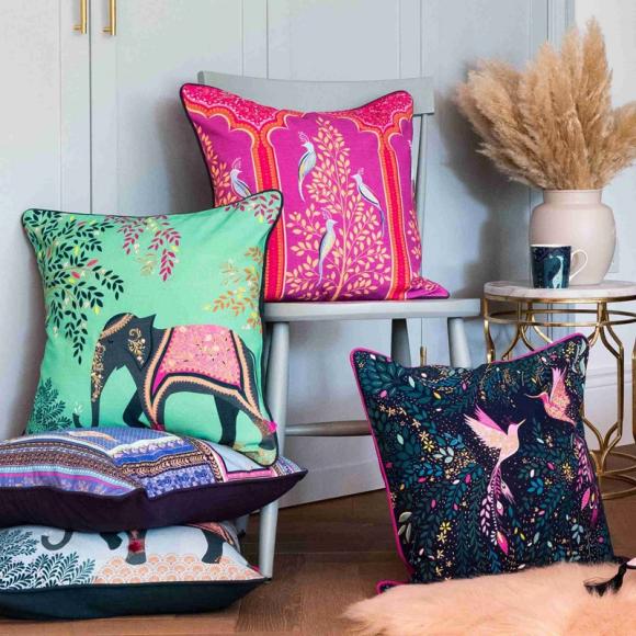 Sara Miller Embroidered Oasis Elephants Cushion Jade