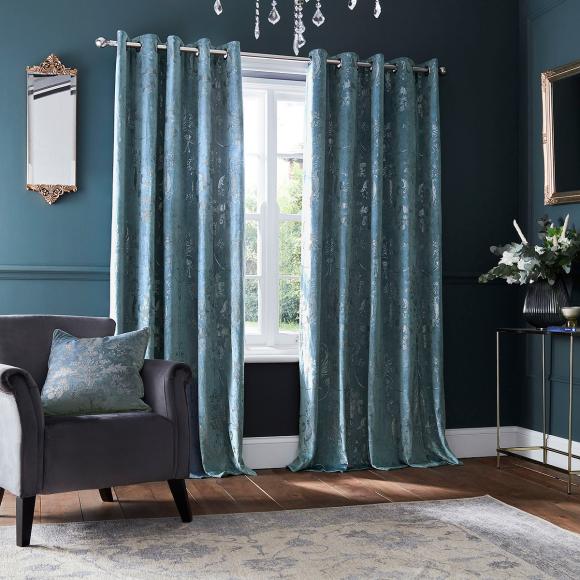 Laura Ashley Josette Metallic Eyelet Curtains Pale Seaspray