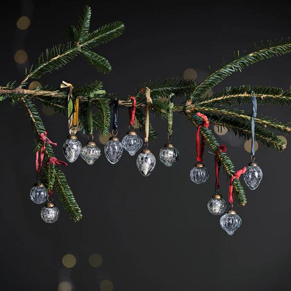 Nkuku Dew Drop Baubles - Silver & Clear - Set of 12 