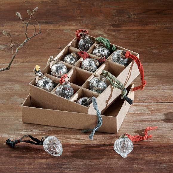 Nkuku Dew Drop Baubles - Silver & Clear - Set of 12 