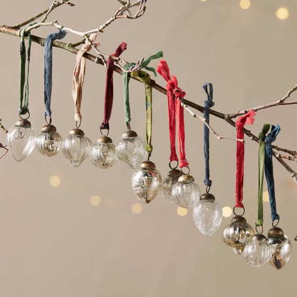 Nkuku Dew Drop Baubles - Silver & Clear - Set of 12 