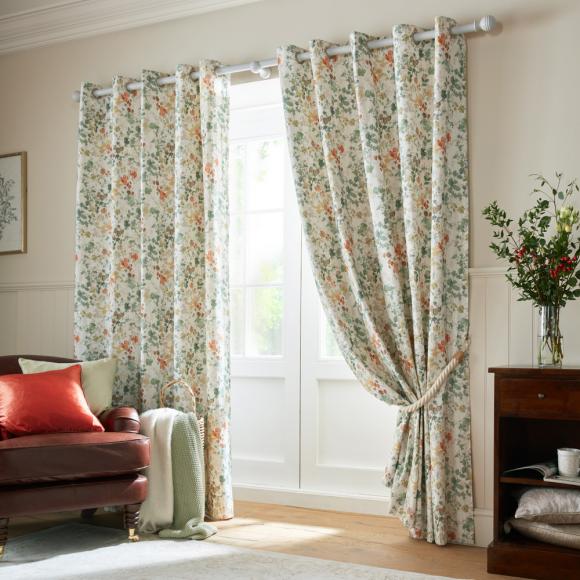 Laura Ashley Old Castle Leaves Fern Green Lined Eyelet Curtains