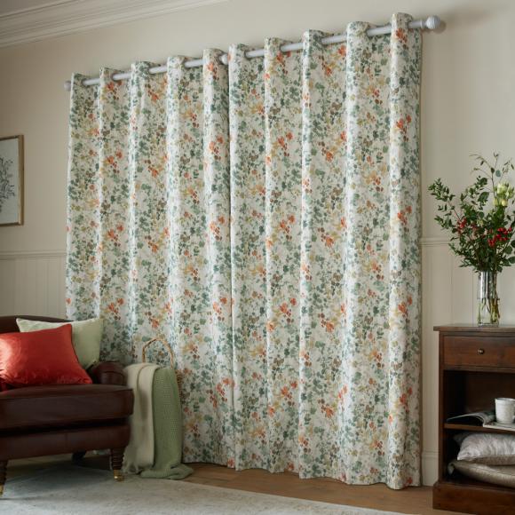 Laura Ashley Old Castle Leaves Fern Green Lined Eyelet Curtains