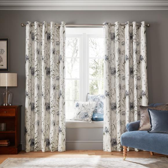 Laura Ashley Pallington Bloom Blackout Lined Curtains Smoke Blue