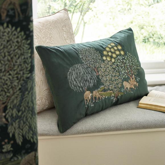 The Original Morris & Co Brook embroidered Velvet Cushion Forest Green 