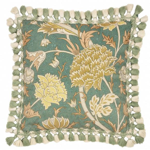 The Original Morris & Co Cray Tasselled Velvet Cushion Sage / Sunflower