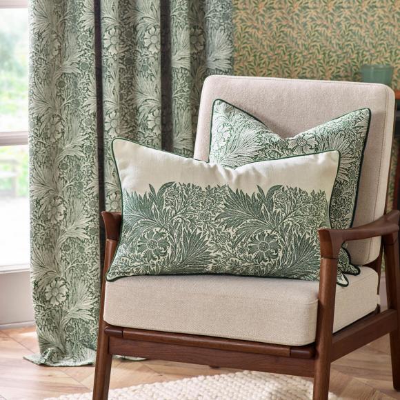 The Original Morris & Co Marigold Embroidered Cushion Leaf Green