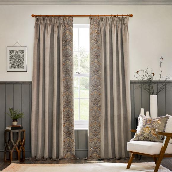 The Original Morris & Co Strawberry Thief Embroidered Floral Velvet Curtains Biscuit