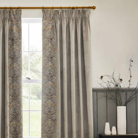 The Original Morris & Co Strawberry Thief Embroidered Floral Velvet Curtains Biscuit