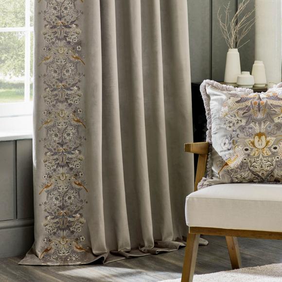 The Original Morris & Co Strawberry Thief Embroidered Floral Velvet Curtains Biscuit