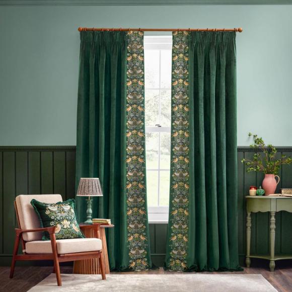 The Original Morris & Co Strawberry Thief Embroidered Floral Velvet Curtains Forest Green