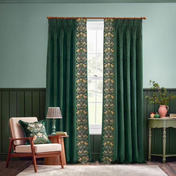 The Original Morris & Co Strawberry Thief Embroidered Floral Velvet Curtains Forest Green