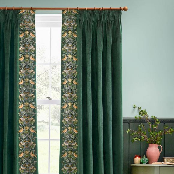 The Original Morris & Co Strawberry Thief Embroidered Floral Velvet Curtains Forest Green