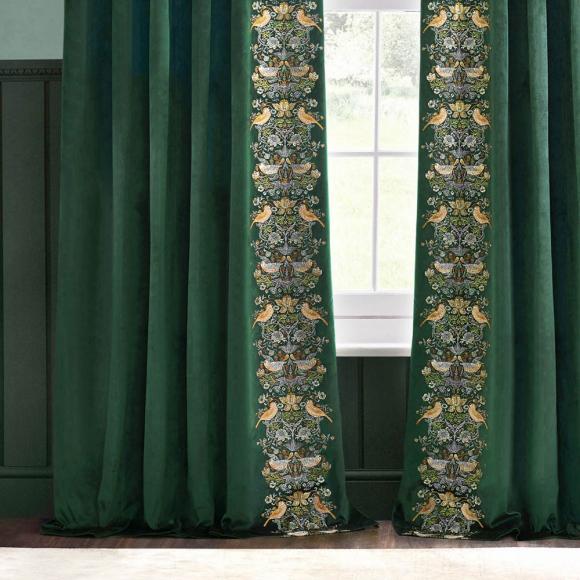 The Original Morris & Co Strawberry Thief Embroidered Floral Velvet Curtains Forest Green