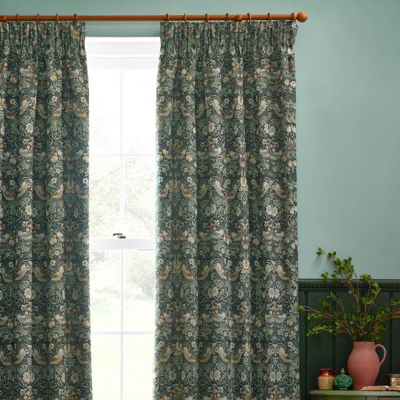 The Original Morris & Co Strawberry Thief Jacquard Floral Curtains Forest Green