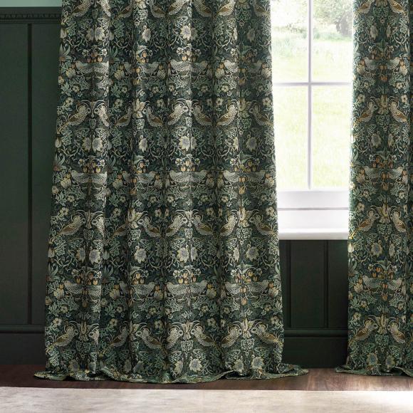 The Original Morris & Co Strawberry Thief Jacquard Floral Curtains Forest Green