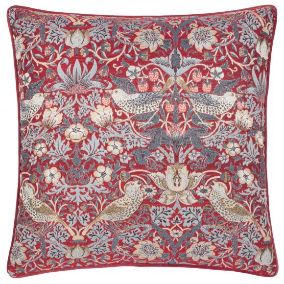 The Original Morris & Co Strawberry Thief Piped Jacquard Cushion Berry