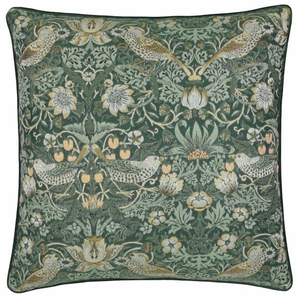 The Original Morris & Co Strawberry Thief Piped Jacquard Cushion Forest Green