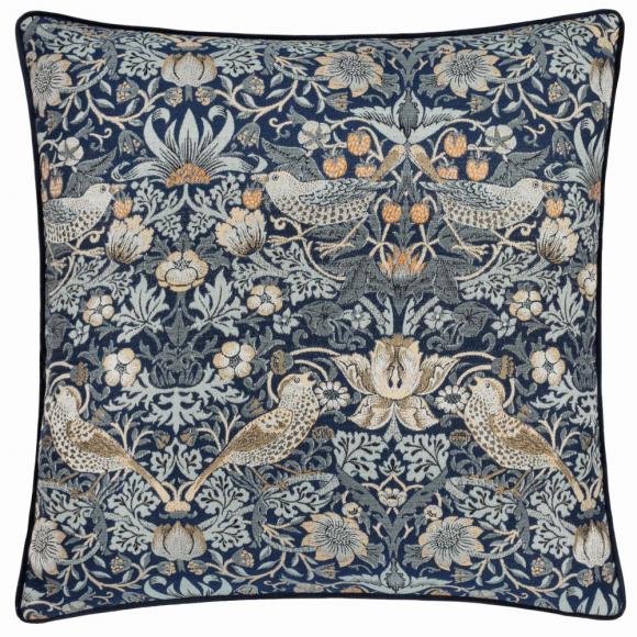 The Original Morris & Co Strawberry Thief Piped Jacquard Cushion Indigo