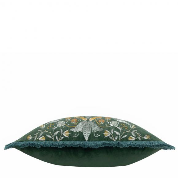 The Original Morris & Co Strawberry Thief Embroidered Velvet Cushion Forest Green