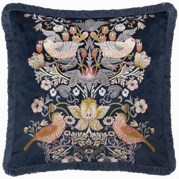The Original Morris & Co Strawberry Thief Embroidered Velvet Cushion Indigo