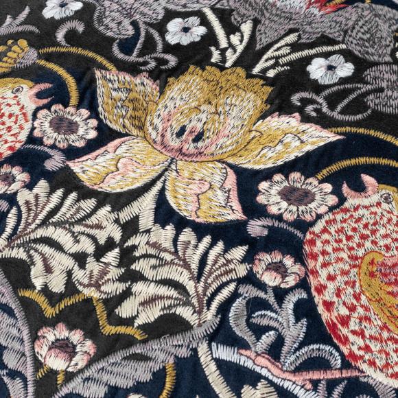 The Original Morris & Co Strawberry Thief Embroidered Velvet Cushion Indigo