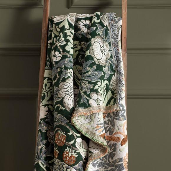 The Original Morris & Co Strawberry Thief Jacquard Throw Forest Green