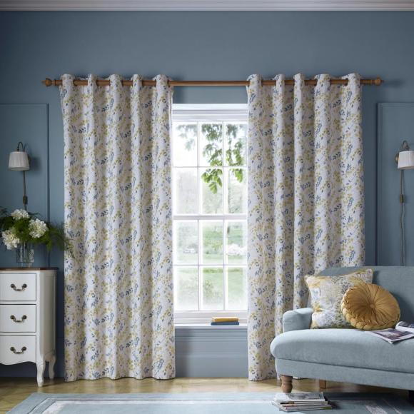 Laura Ashley Longston Sprig Lined Eyelet Curtains Ochre Yellow