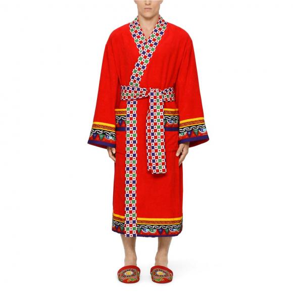 Dolce & Gabbana Casa Carretto Kimono Bathrobe with Belt Red
